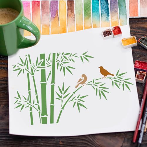 FINGERINSPIRE 4Pcs Bamboo Painting Stencil with Paintbrush 11.7x8.3inch Bamboo Leaves Pattern Painting Stencil Oriental Plant Leaves Stencils Reusable PET DIY Drawing Template for DIY Craft Home Decor - style: Bamboo