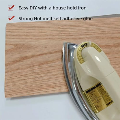 Red Oak Wood Veneer Sheet,Flat Cut 8.5''x 98'',Iron On Stick Veneer Roll Without Paper,Pre-glued Hot Melt Self Adhesive Oak Tape for Cabinet Furniture Plywood Laminate Speaker Renovation - color: Flat cut