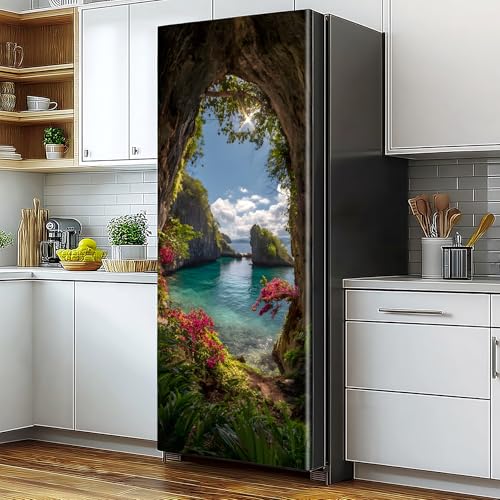 BVBOX Self-Adhesive Vinyl Refrigerator Stickers - Seaside Cave View Peel and Stick Removable Wallpaper for Door Wall Furniture Wrinkle-Resistant Waterproof No Residue DIY Home Decor - color: Seaside Cave View