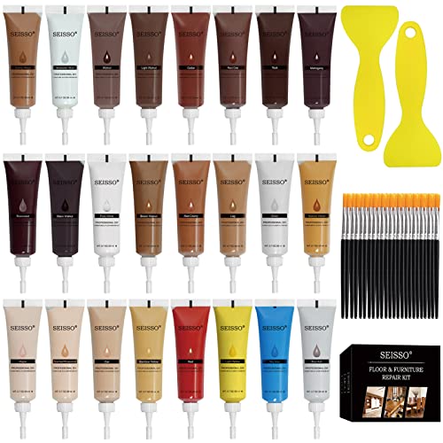 SEISSO Wood Furniture Repair Kit, 24 Colors Wood Fillters with Brushes Plastic Scraper Any Color for Stains, Scratches, Tables, Desks, Wooden Floors, Carpenters(Set of 50) - size: 24