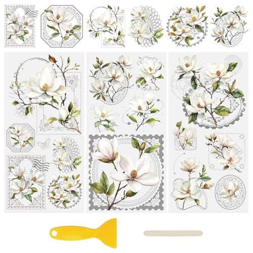 WANDIC 3 Sheets Rub on Transfers for Furniture, 3D UV DTF Waterproof Transfers Decal Magnolia Patterns Stickers for DIY Cup Warp Bottles, 15x30cm - color: Magnolia Stamps