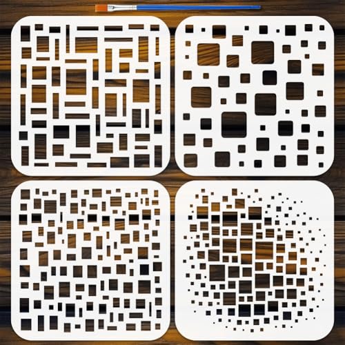 FINGERINSPIRE 4Pcs Geometry Painting Stencil with Paintbrush 5.9x5.9inch Reusable Geometric Stencil Cubist Layering Background Templates Stencils for Painting on Wall, Canvas and Wood Furniture - style: Geometry