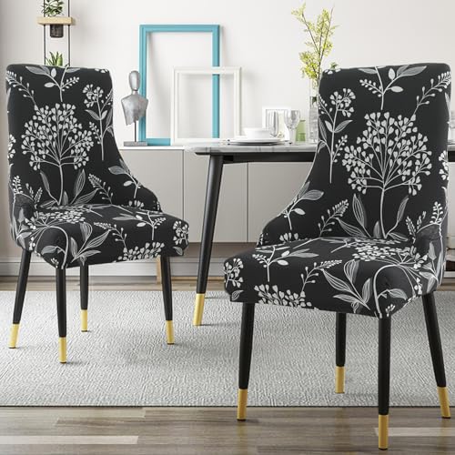 Liykimt Stretch Wingback Side Chair Slipcover-Accent Chair Cover Slipcover with Arm,Washable Upholstered Arm Dining Chair with Nailed Trim Protector for Dining Living Room - color: Black/Leaves