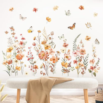 decalmile Boho Flower Garden Floral Butterflies Wall Decals Stickers - color: Wildflower