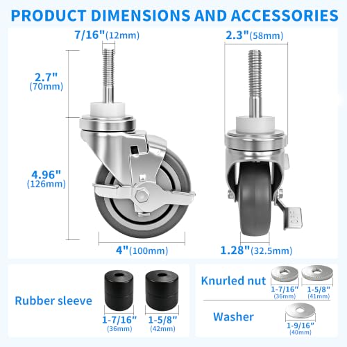MySit 4 Inch Expanding Stem Casters with Side Brake Set of 4 - size: 4 INCH