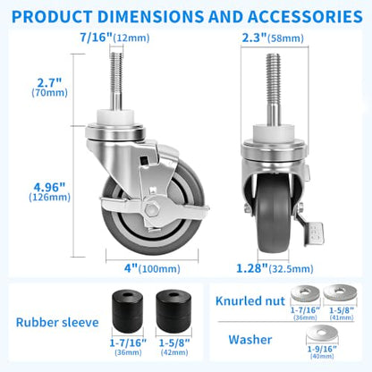 MySit 4 Inch Expanding Stem Casters with Side Brake Set of 4 - size: 4 INCH