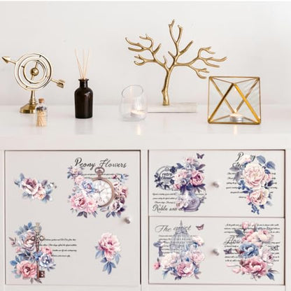 Peacoblue Vintage Peonies Rub On Transfers for Furniture Craft 6"x12" - style: Vintage Peonies