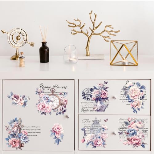 Peacoblue Vintage Peonies Rub On Transfers for Furniture Craft 6"x12" - style: Vintage Peonies