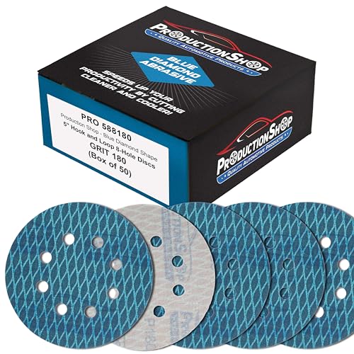 ProductionShop Premium 180 Grit 5" Rhombus Diamond Shape Blue Sanding Discs, 8-Hole, Box of 50 - Hook & Loop Anti-Clogging J-Cloth Dustless Sandpaper for Random Orbital Sanders, Sand Auto Paint, Wood - style: 180 Grit