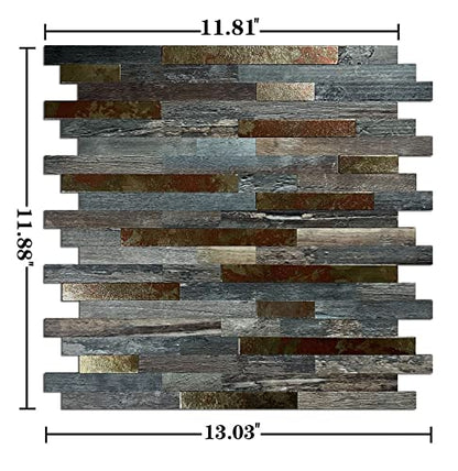 10-Sheet Peel and Stick Backsplash PVC Metal Tile，Self-Adhesive Wood Grain Wall Sticker Easy DIY Stick on Kitchen Bathroom Walls (10, Metal Pattern + Green Wood Grain) - color: Metal Pattern + Green Wood Grain