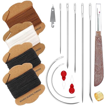 Upholstery Repair Kit: Extra Strong Waxed Sewing Thread 4 Rolls (3 Colors) &Heavy Duty Household Hand Needles (7 PCS) for Leather, Canvas, Bookbinding & Quilting Thread - color: Black, white, brown