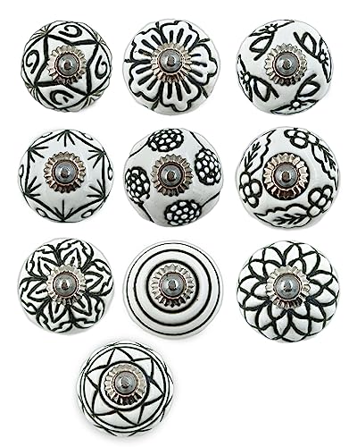 Set of 10 Ceramic Cabinet Colorful Knobs for Kitchen, Cabinet, Drawer, Wardrobe (Black and White) - color: Black and White