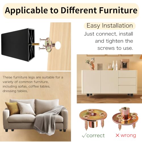 FabricJoy 12 Pack 4 Inch Plastic Furniture Legs Square Sofa Couch Legs Replacement Tapered Feet with M8 T-Nuts Screws for Legs Sofas Table Chairs Cabinets Dressers Beds - size: 4 inch