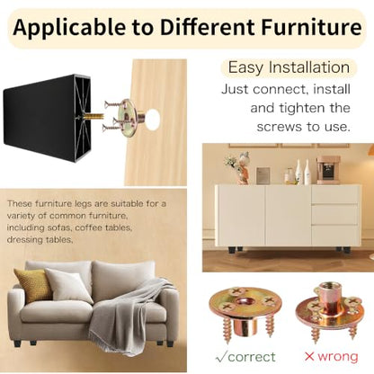 FabricJoy 12 Pack 4 Inch Plastic Furniture Legs Square Sofa Couch Legs Replacement Tapered Feet with M8 T-Nuts Screws for Legs Sofas Table Chairs Cabinets Dressers Beds - size: 4 inch