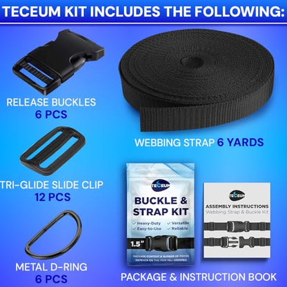 TECEUM 1.5" Nylon Strap Kit with Buckles, Black 6 yards Repair Set - color: Black, size: 1.5" - 6 yards, style: 6 Buckle - 12 Slides - 6 D-rind
