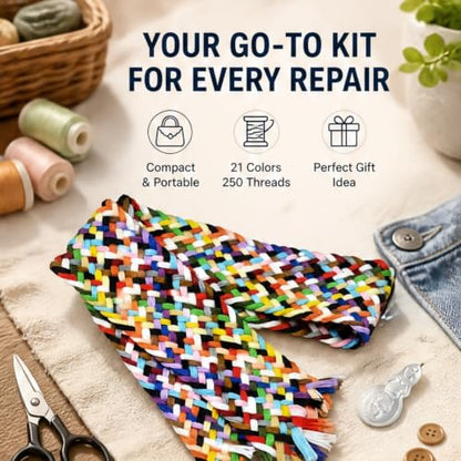 Extra Strong Sewing Thread Plait Kit, 21 Colors-Cut Polyester Threads for Hand Sewing Repair, Portable Travel Mending Kit with Needles & Threader, Compact Emergency Sewing Supplies