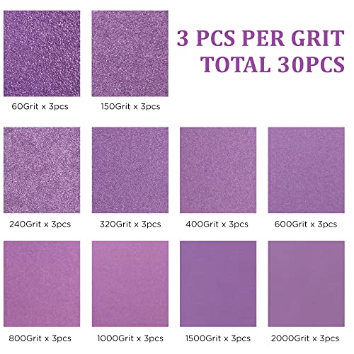 LotFancy 60 to 2000 Grit Sandpaper Assortment, 30PCS 9 x 11” White Fused Alumina Wet Dry Sanding Sheets, for Automotive Metal Sanding Polishing, Wood Finishing, Purple - size: Assorted Grit