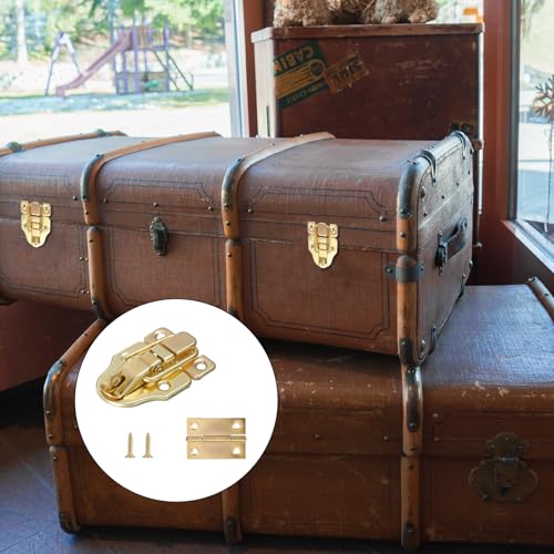 2 Pack Retro Gold Style Duckbilled Hasp Clasp Latch, Antique Metal Box Latch Toggle Hasp Catch with Padlock Hole and 4 Pcs Hinges with Matching Screws Kit for Wooden Jewelry Box Cabinet Toolbox