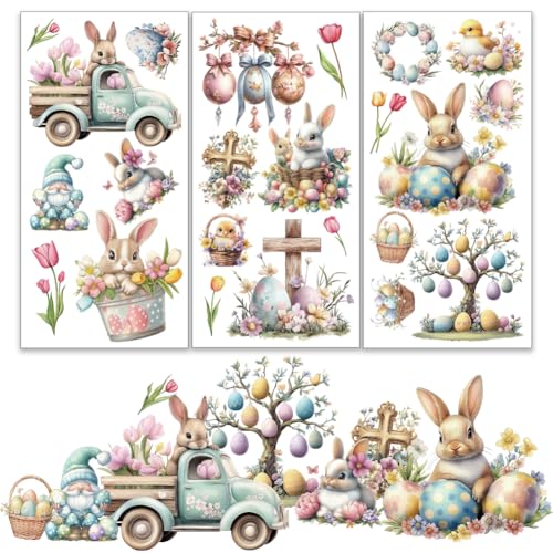 OLYCRAFT 3pcs/Set Easter Bunny Rub on Transfers for Furniture and Crafts 6x12 inch Bird Egg Furniture Decals Tulip Dwarf Transfer Stickers Rub on Decals for Wood Furniture Home Decoration - style: Easter