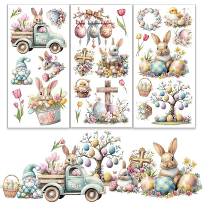 OLYCRAFT 3pcs/Set Easter Bunny Rub on Transfers for Furniture and Crafts 6x12 inch Bird Egg Furniture Decals Tulip Dwarf Transfer Stickers Rub on Decals for Wood Furniture Home Decoration - style: Easter
