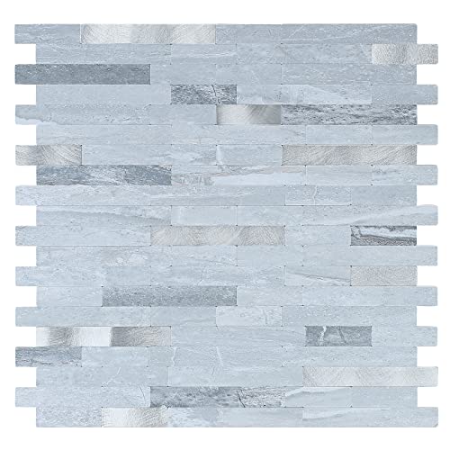 Midcard 10 Sheets Peel and Stick Backsplash PVC Wall Tile,for Kitchen Backsplash - color: Rectangular Light Blue with Metallic Silver