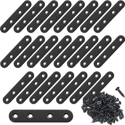 24Pcs Black Stainless Steel Flat Brace Mending Plates, Sturdy Metal Repair Fixing Joining Brackets for Wood Furniture with Screws - size: 24 Pack