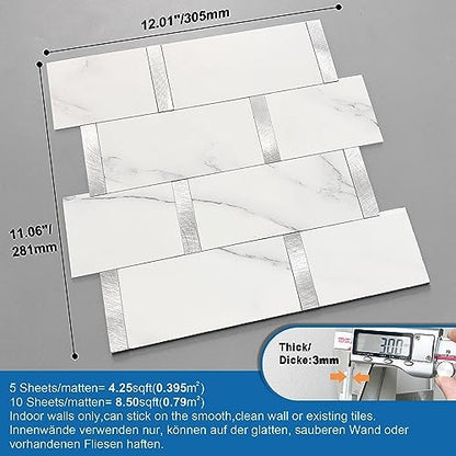 Subway Backsplash Peel and Stick Backsplash Tile White Silver 10pcs - color: White Silver, size: 10sheets