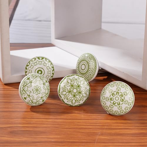 Ajuny 10 Green White Ceramic Cabinet Knobs Printed Drawer Pull Handles Set - color: Green-White