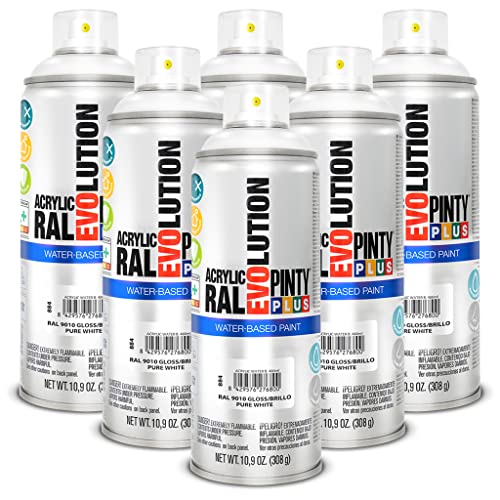 PINTY PLUS Water Based Spray Paint, 11oz, Low GWP Propellant, Low Odor, Gloss White. Wood, Metal, Glass, Ceramics, Terra Cotta, Plastic, Pack of 6 - color: Gloss Pure White