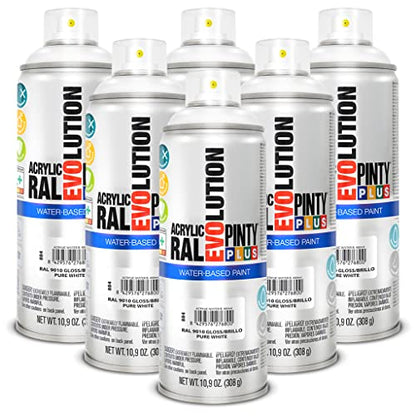 PINTY PLUS Water Based Spray Paint, 11oz, Low GWP Propellant, Low Odor, Gloss White. Wood, Metal, Glass, Ceramics, Terra Cotta, Plastic, Pack of 6 - color: Gloss Pure White