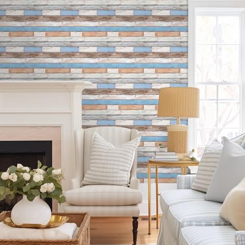 COMSTICKC 3D Peel and Stick Faux Wood Wall Sticker, 10 Pcs 11.8" x 11.8" - color: Blue/Brown