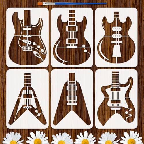 FINGERINSPIRE 6PCS Guitar Stencils 8.3x11.7 Inch Modern Guitar Body Painting Stencil Reusable Plastic Music Template with a Brush for Painting on Wood Wall Canvas Furniture Home Decor - style: Guitar