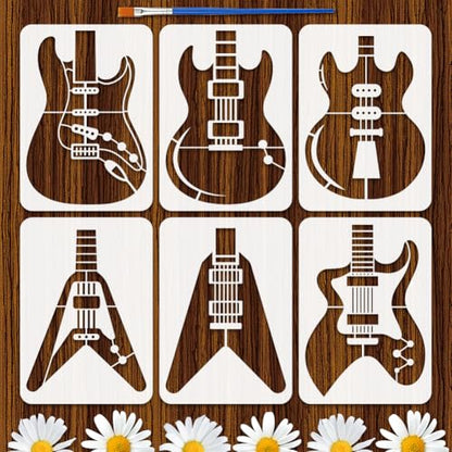 FINGERINSPIRE 6PCS Guitar Stencils 8.3x11.7 Inch Modern Guitar Body Painting Stencil Reusable Plastic Music Template with a Brush for Painting on Wood Wall Canvas Furniture Home Decor - style: Guitar