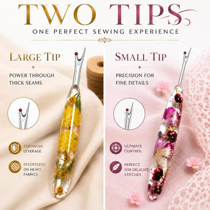 Reessy Seam Ripper for Sewing, 2PCS Small & Large Stitch Remover Tools with Floral Resin Handles, Cute Sewing Seam Rippers for Quilting, Alterations, Thread Picking, Stitch Removal & Craft Supplies - color: yellow purple