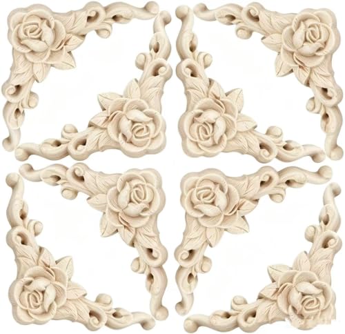 10Pcs Decorative Wood Carved Applique Corner Onlay Decorative Wood Applique DIY Wooden Carved Corner Unpainted Decals Wall Stickers Murals