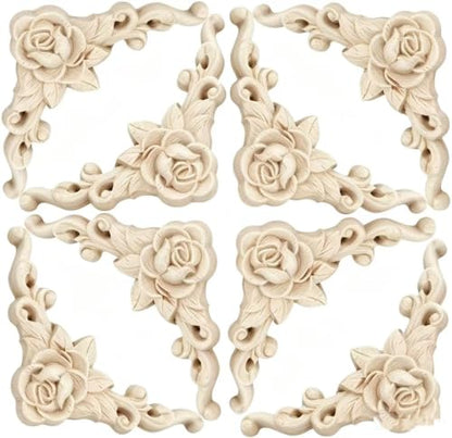 10Pcs Decorative Wood Carved Applique Corner Onlay Decorative Wood Applique DIY Wooden Carved Corner Unpainted Decals Wall Stickers Murals