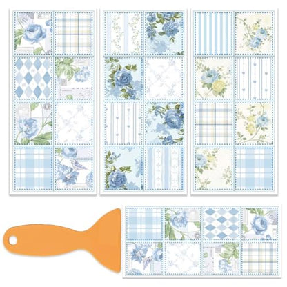 OLYCRAFT 3 Sheets/Set Blue Flowers Rub on Transfer for Furniture and Craft 6x12 Inch Check Pattern Furniture Decal Transfer Stickers Rub on Decal with 1pc Scraper for Wooden Furniture Home Decoration - style: Rose grid