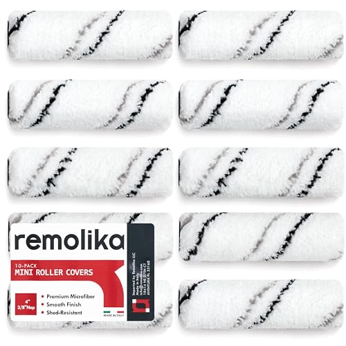 10-Pack 4 Inches Mini Paint Roller Covers for Smooth and Lint-Free Finish - 3/8 Nap - Made in Italy - Premium Microfiber Roller Naps for All Paints and Stains