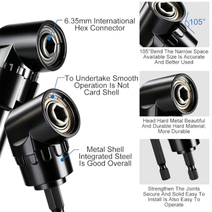 17Pcs Flexible Drill Bit Extension kit,Include 3Pcs Rotatable Socket Adapter,2Pcs Hex Shank 105° Right Angle Drill Attachment 10 Short Screwdriver Bits 90° Angled Bits & Bendable Drill Bit Extension