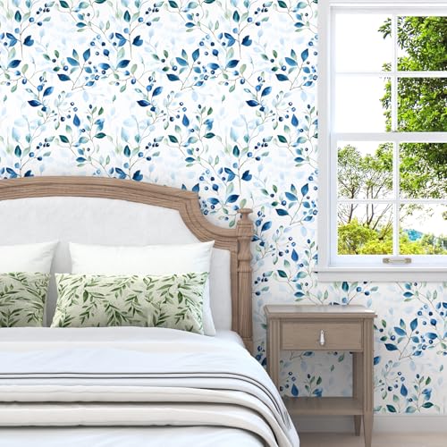 BOKEBEVE Boho Leaf Wallpaper Peel and Sticck Blue Green 17.5 x 118In - color: Blue/Green, size: 17.5" x 118"
