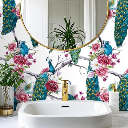 Chinoiserie Wallpaper Peel and Stick Waterproof Peacock Wallpaper Stick and Peel Blue Green Peacock Wall Paper for Bathroom Cabinets Floral Pink Peony Removable Floral Contact Paper 17.5x80 - size: 17.5" x 80"