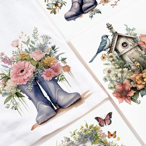 WANDIC 10 Sheets 30 Pcs Rub On Transfers for Crafts, Vintage Flower Rub on Transfers Butterfly Waterproof Furniture Stickers for Wood Glass Plastic Leather Window Easter Cards DIY Craft, 11.8 * 3.9in