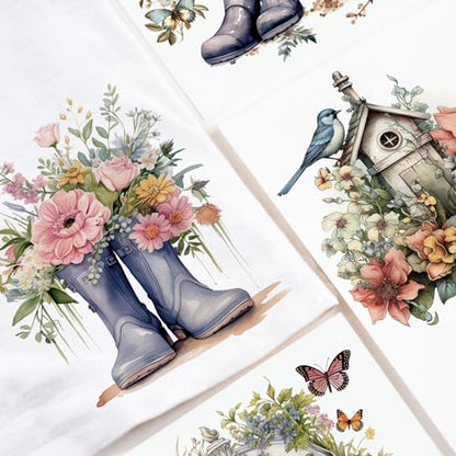 WANDIC 10 Sheets 30 Pcs Rub On Transfers for Crafts, Vintage Flower Rub on Transfers Butterfly Waterproof Furniture Stickers for Wood Glass Plastic Leather Window Easter Cards DIY Craft, 11.8 * 3.9in