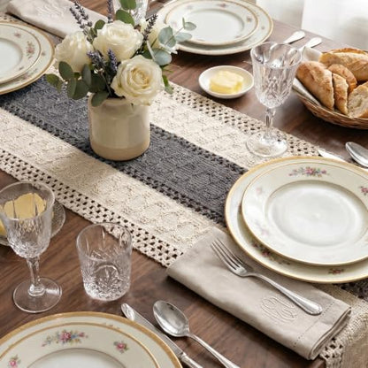 Boho Macrame Table Runner with Tassels 72in Grey Farmhouse Runner - color: White & Grey, size: 12'' x 72''