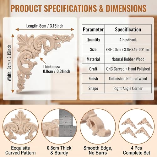 4 Pcs 3 Inch Wood Appliques Scroll Corner Carving