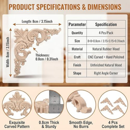 4 Pcs 3 Inch Wood Appliques Scroll Corner Carving