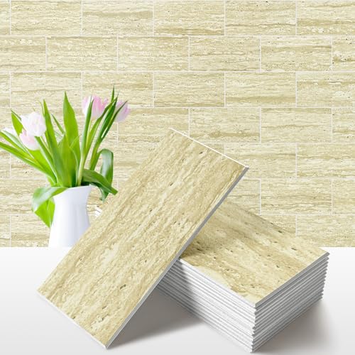 Vamos Tile 100 Pieces Peel and Stick Backsplash Tile, 3" x 6" Subway Tile - color: Beige mix off White Travertine