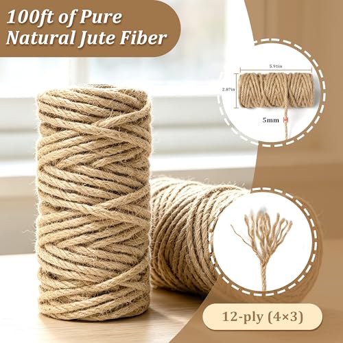 5mm Jute Twine 100ft, Heavy Duty Thick Jute Rope for Cat Tree Repair, Gardening, Climbing Plants, Sturdy Burlap Cord for Macrame Hanging Baskets & Baby Shower (Brown) - size: 5mm
