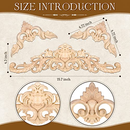 5 Pieces Decorative Wood Onlays and Appliques for Furniture - DIY Carved Trim Appliques for Bed, Door, Cabinet, Wardrobe - 15.7 x 4.3 inch, 4.72 x 4.72 inch