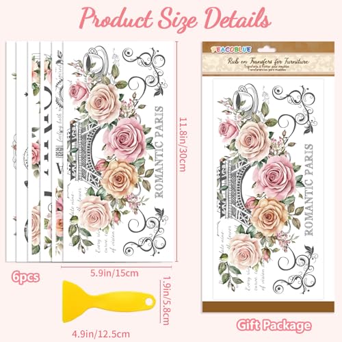 Peacoblue Floral Paris Tower Rub On Transfers for Furniture 6"x12" - style: Retro Floral Shading Paris Tower